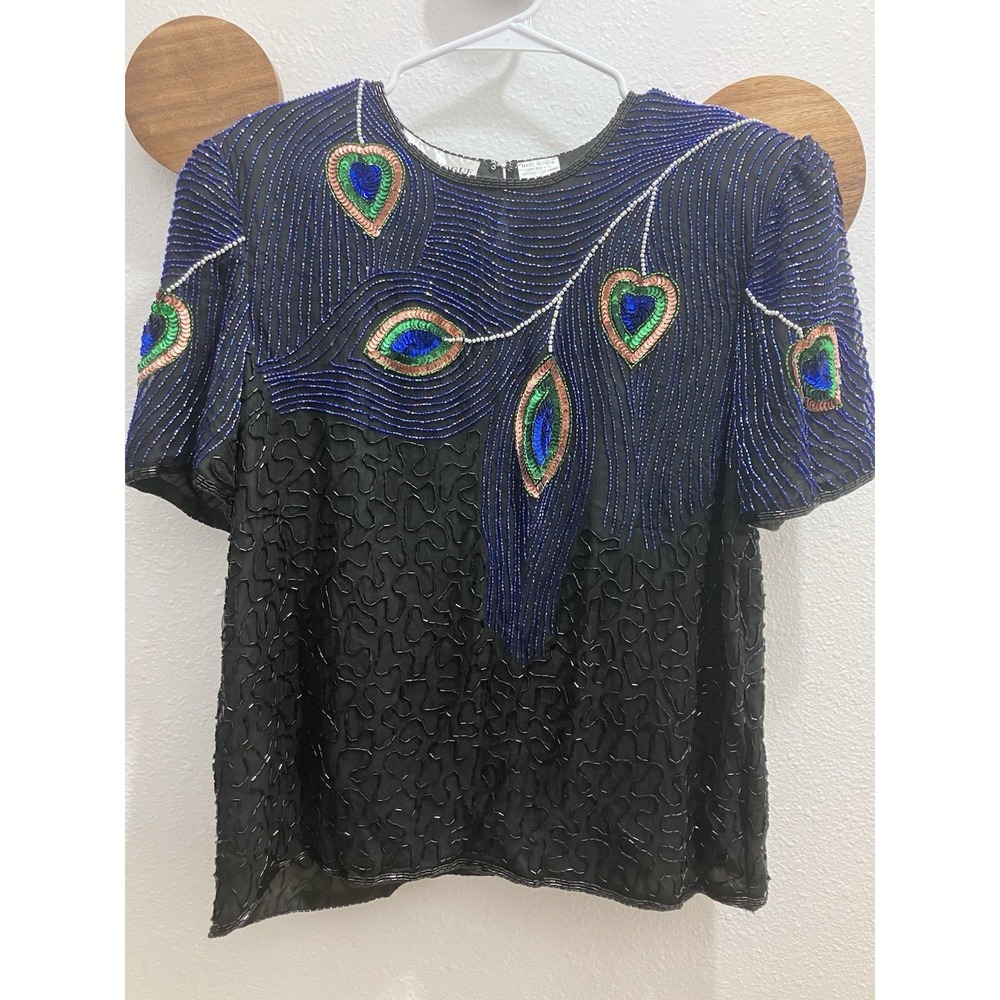 Vintage Night Vogue Sequined Beaded Black Blouse 100% Silk Peacock - Picture 1 of 10
